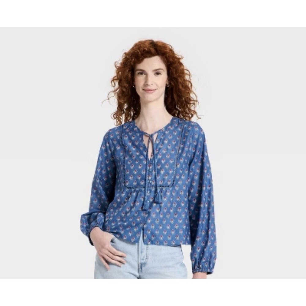 Women’s Ballon Long Sleeve Printed Blouse Universal Thread Blue Large